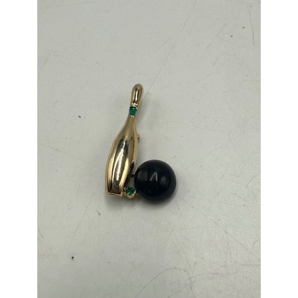 Vintage Gerrys Bowling Pin and Ball Brooch Gold Tone Green Enamel Novelty Pin